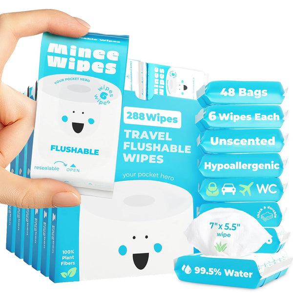 Compact Travel Flushable Wipes for Sensitive Skin - 99.5% Water and Aloe - 8 Pack 48 Wipes