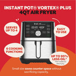 Instant Pot 4QT Vortex Plus 6-in-1 Mini Air Fryer, Custom Program Options, Crisps, Broils, Roasts, Dehydrates, Bakes, Reheats, 100+ In-App Recipes, Stainless Steel,4 Quarts