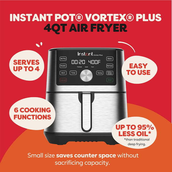 Instant Pot 4QT Vortex Plus 6-in-1 Mini Air Fryer, Custom Program Options, Crisps, Broils, Roasts, Dehydrates, Bakes, Reheats, 100+ In-App Recipes, Stainless Steel,4 Quarts