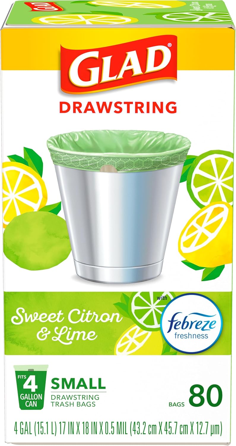 Glad Small Trash Bags 4 Gallon, Febreze Sweet Citron & Lime Garbage Bags, Odor Resistant with Drawstring, 80 Count