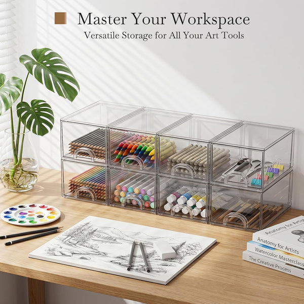 8 Pack Clear Stackable Acrylic Storage Boxes for Art Tool & Sketch Organization