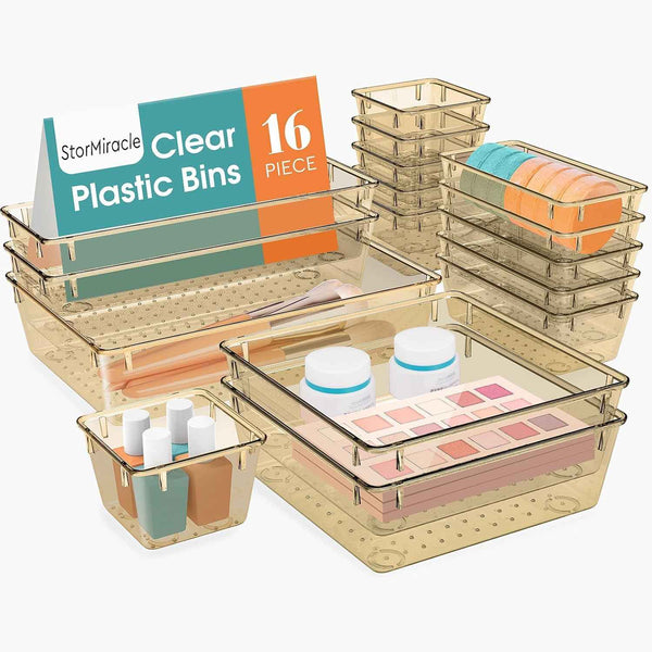 16 PCS Drawer Organizer Set, 5 Varied Size Bathroom and kitchen Drawer cabinet organizer Trays, Clear Storage Bins for Makeup, Jewelry, Utensils and Gadgets