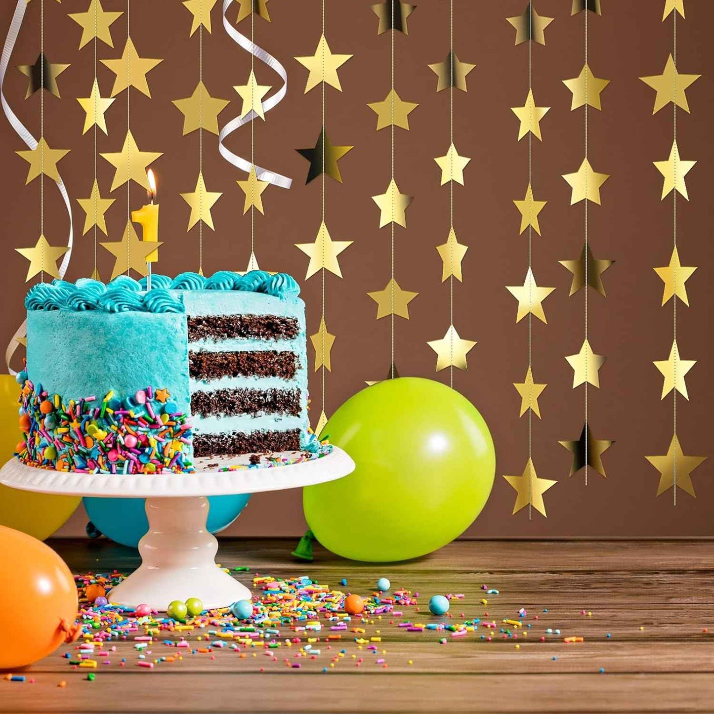 Patelai Glitter Star Garland Banner Christmas Decor 130 Feet Star Hanging Bunting Banner Twinkle Backdrop for Homecoming Classroom Wedding Birthday Halloween Party Supplies(Gold)