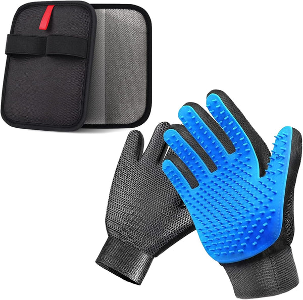Pet Hair Removal Gloves for Dogs and Cats - 2-in-1 Deshedding Brush Massage Mitt for Shedding Control and Safe Pet Grooming 2-Pack (Blue)