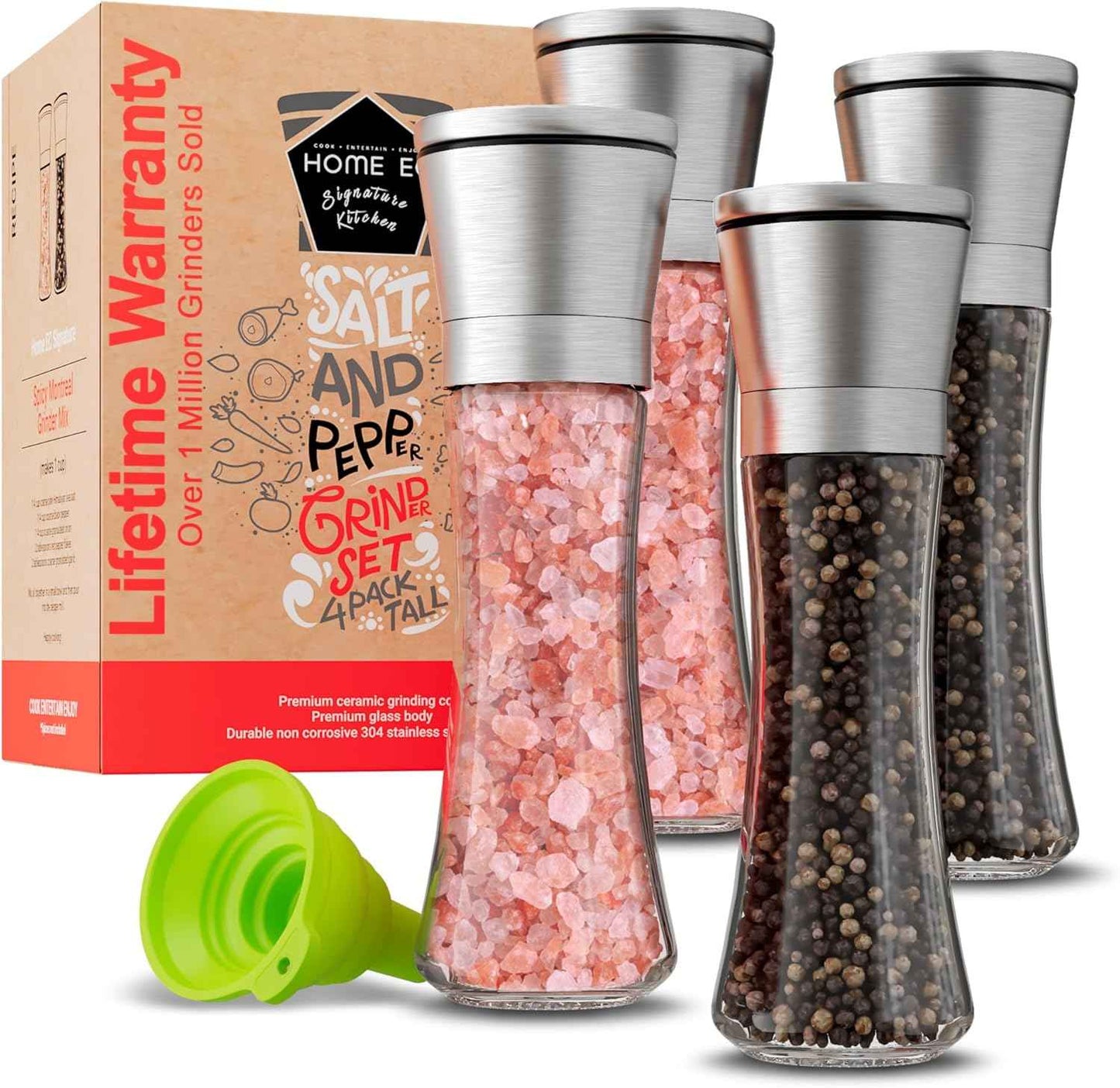 Home EC Premium Stainless Steel Sea Salt and Pepper Grinder Set of 2 - Adjustable Ceramic - Tall Glass Salt and Pepper Shakers - Kitchen Spice Mill W/Funnel & EBook
