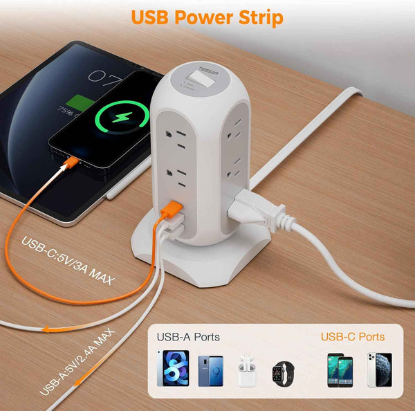 tessan 11 outlet power strip with 3 usb 1 usb c 1625w surge protector 6 feet extension cord