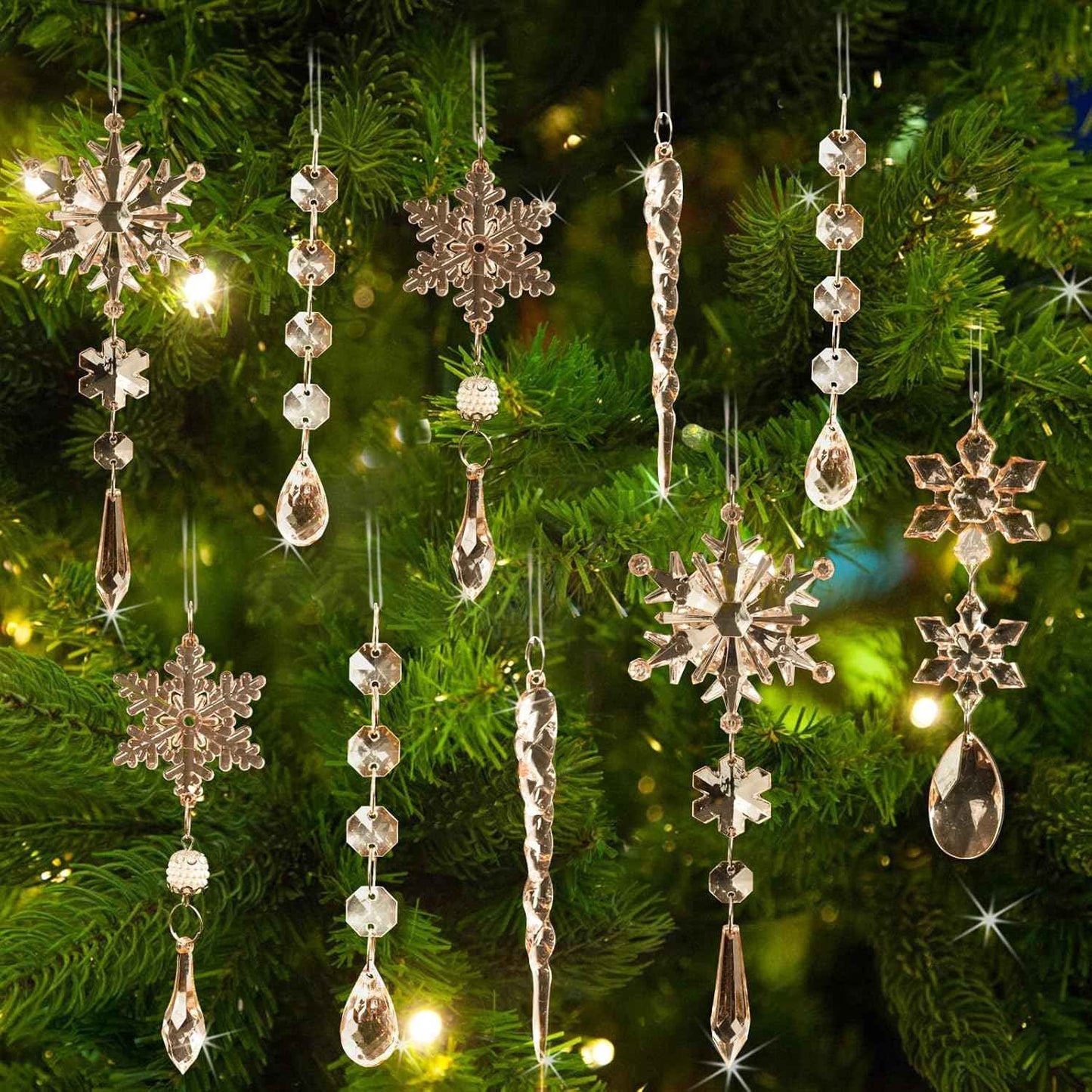 18pcs Crystal Christmas Ornaments for Tree Decorations-Hanging Acrylic Snowflake Icicle Ornaments with Drop Pendants for Winter Wonderland Chandelier Crystals Decorations Supplies