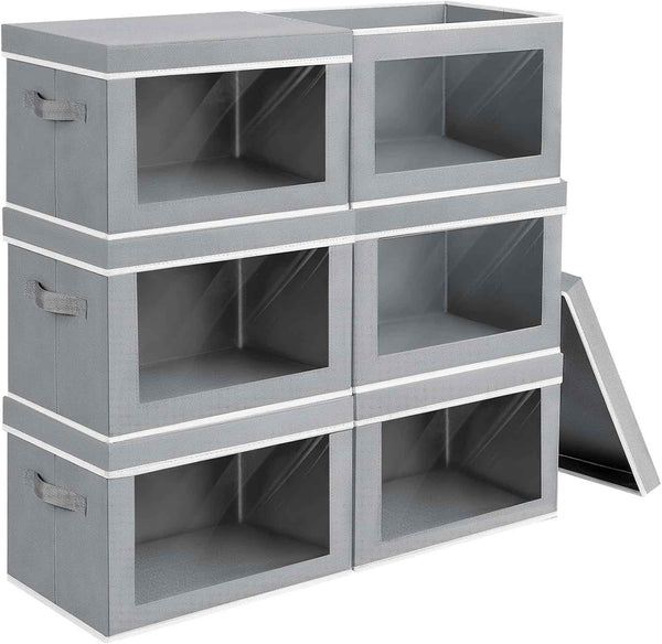 Storage Bins with Lids - Fabric Closet Storage Bins with Window, Collapsible Baskets for Shelves 4 Pack, Home Decorative Boxes for Clothes, Closet, Office, Grey