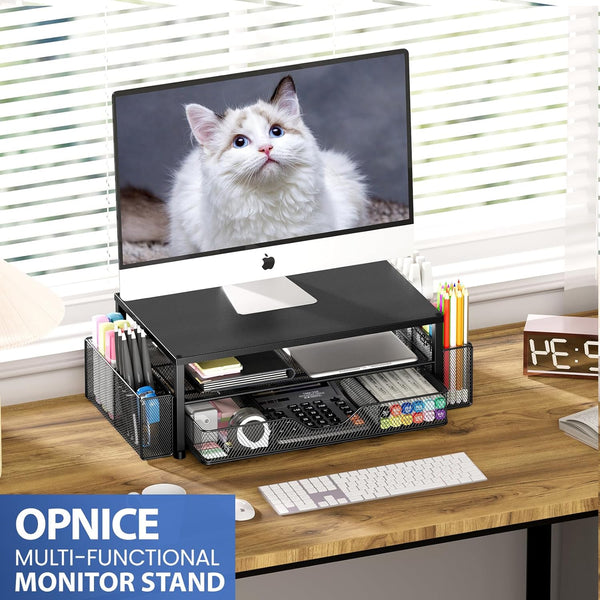 2-Tier Computer Monitor Stand Riser with Drawer and Pen Holders for Office Supplies