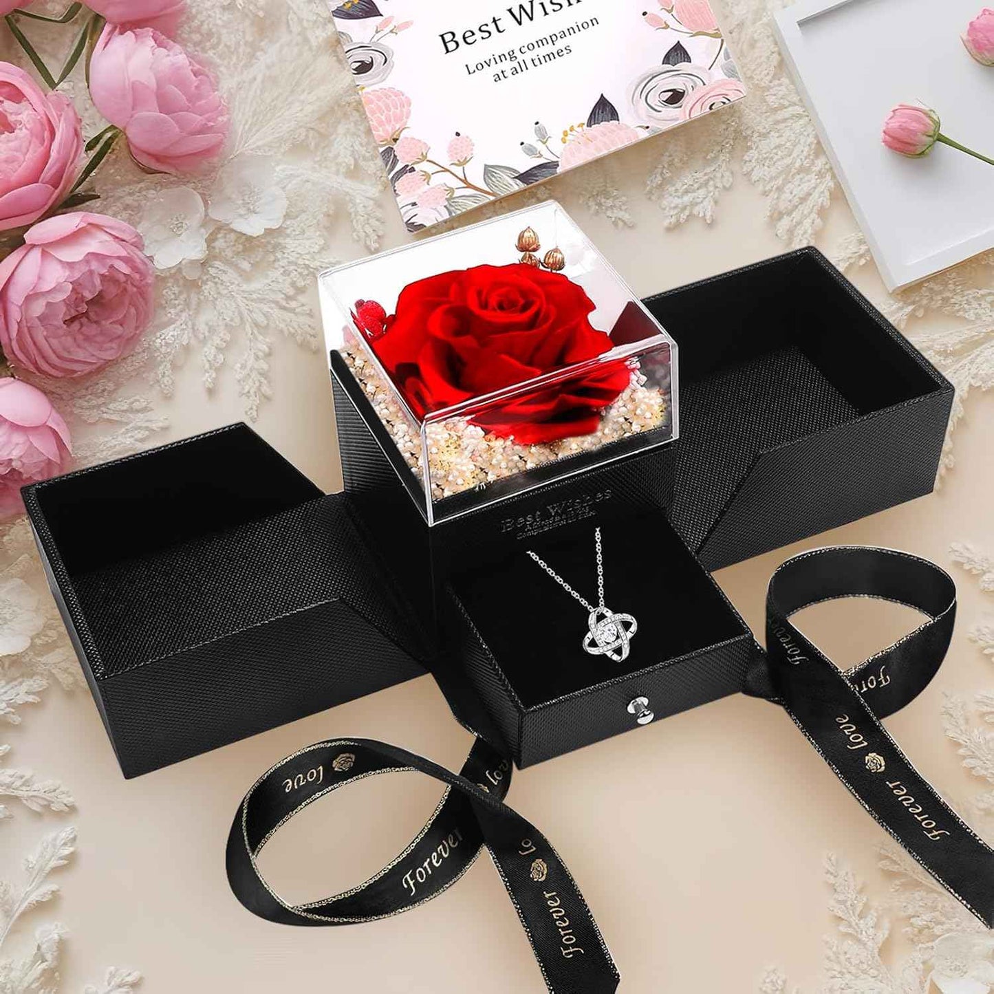 Eternal Preserved Red Rose with Necklace Gift Box Romantic Real Flower for Women Ideal for Birthday, Anniversary, Valentine’s Day, Mother’s Day