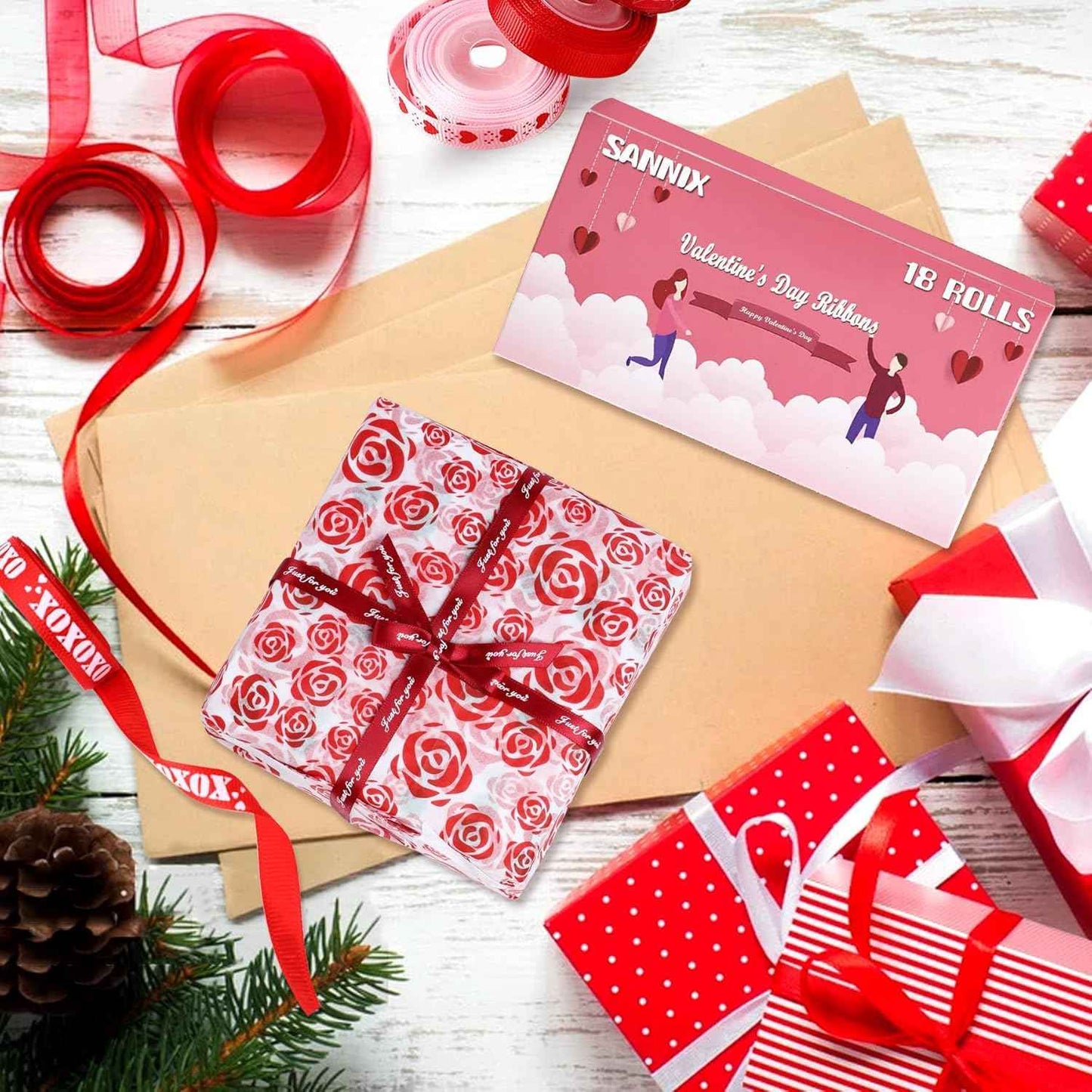 SANNIX 18 Rolls 90 Yards Valentine’s Day Ribbons Printed Grosgrain Satin Ribbons 3/8″ Wide DIY Craft Fabric for Valentines Wedding Anniversary Decorations Gift Wrapping