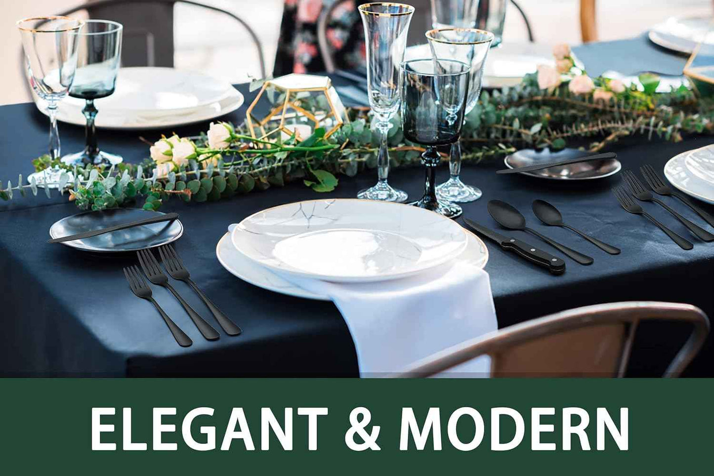 EWFEN 24-Piece Black Silverware Set with Steak Knives, Flatware for 4, Food-Grade Stainless Steel Tableware Cutlery Set, Mirror Finished Utensil Sets Home Restaurant