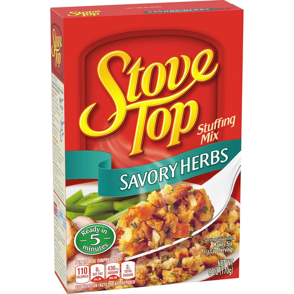 Stove Top Savory Herbs Stuffing Mix, 6 Ounce Box, Instant Side Dish for Chicken and Holiday Meals, Ready in 5 Minutes