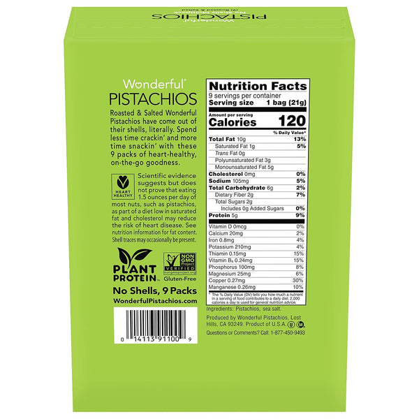 Roasted & Salted Pistachios, 0.75 Ounce Bags, Pack of 9, Gluten Free, Individually Wrapped