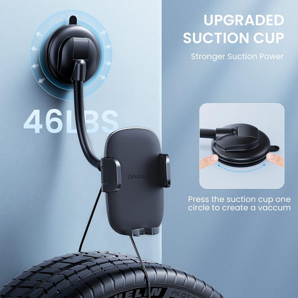 Qifutan Cell Phone Holder for Car Mount with Long Arm and Anti-Shake Stabilizer