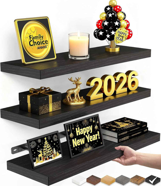 BAYKA Floating Shelves for Wall, Wall Mounted Rustic Wood Shelves for Bathroom, Bedroom, Living Room, Kitchen, Hanging Shelf for Books/Storage/Room Decor with 22lbs Capacity (Black, Set of 3, 15.7in)