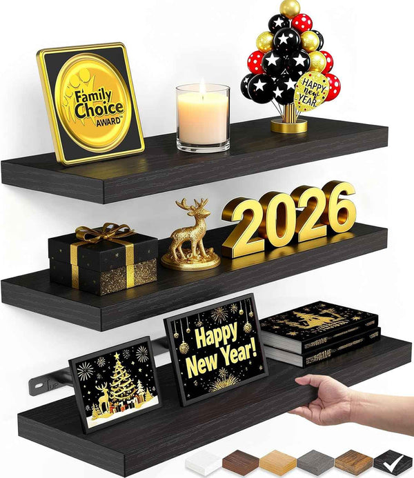 BAYKA Floating Shelves for Wall, Wall Mounted Rustic Wood Shelves for Bathroom, Bedroom, Living Room, Kitchen, Hanging Shelf for Books/Storage/Room Decor with 22lbs Capacity (Black, Set of 3, 15.7in)