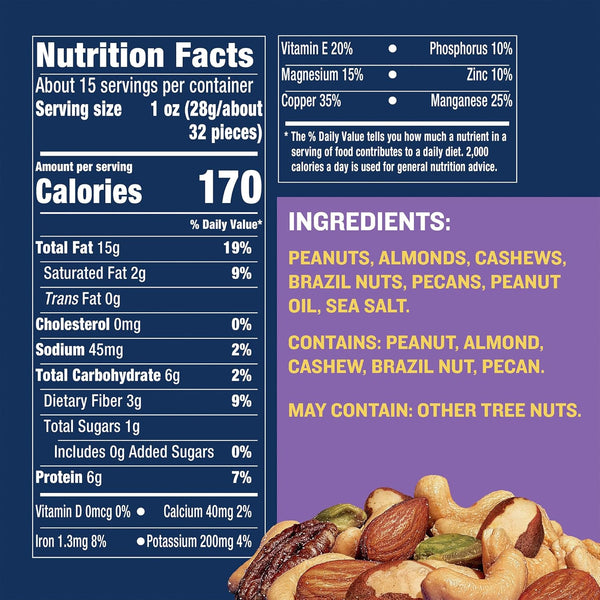 PLANTERS Lightly Salted Mix Nuts - 15 Oz Canister, Plant-Based Protein, Party Snack