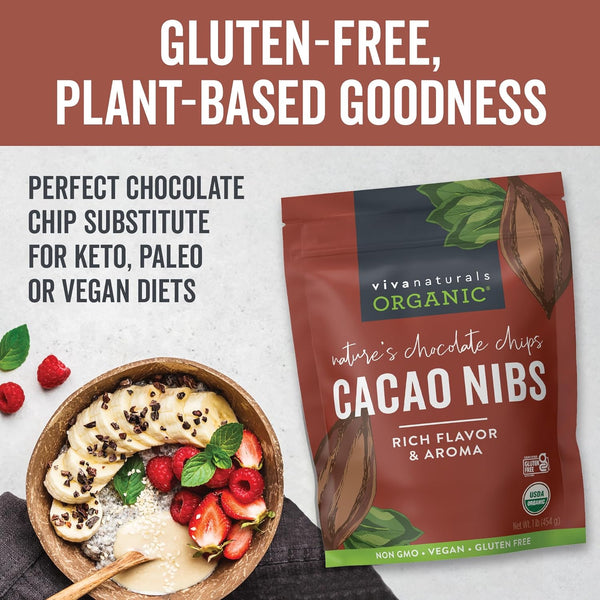 Viva Naturals Organic Cacao Nibs, 1 LB (454 g), Unsweetened, Keto Friendly, Vegan, Non-GMO, Gluten-Free