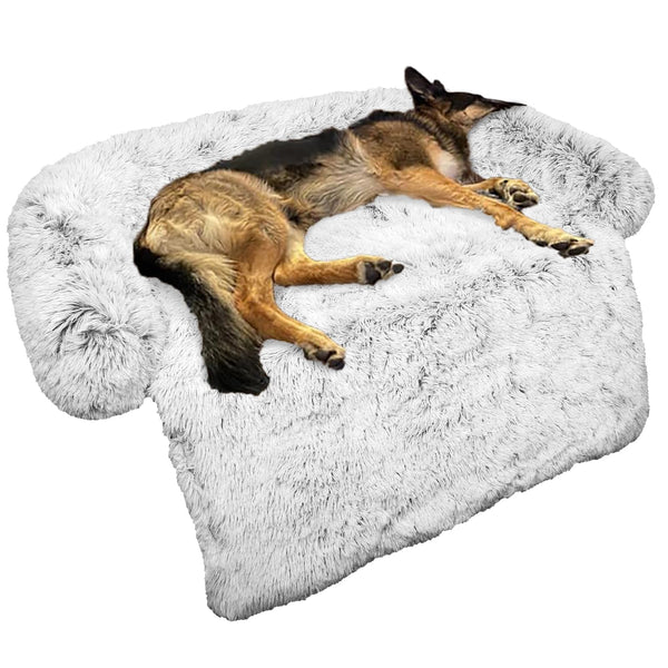 Calming Light Grey Large Dog Bed with Fluffy Plush Cover and Non-Slip Base for Large Medium Small Dogs and Cats