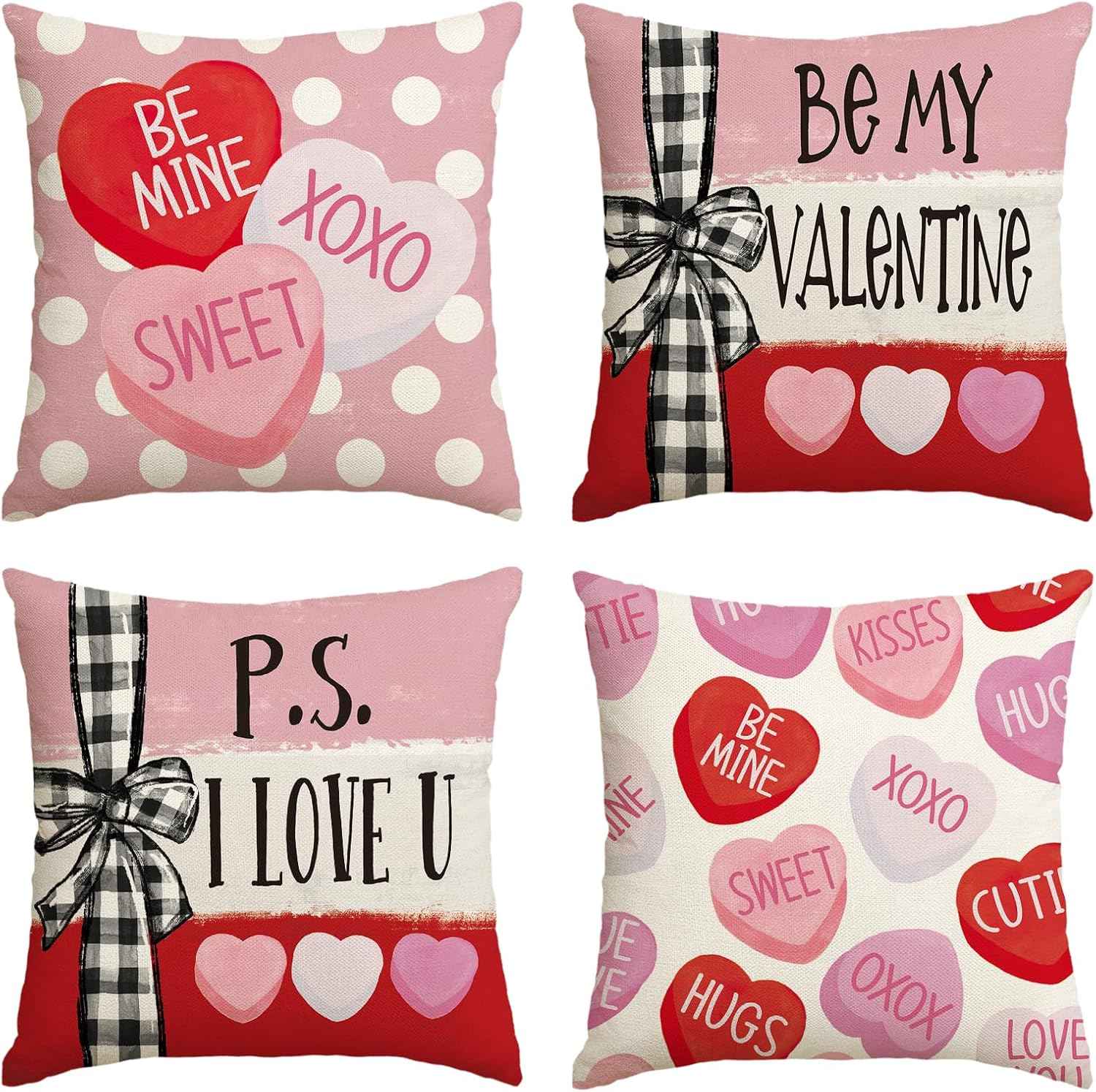 AVOIN colorlife Be My Valentine Red Candy Heart Throw Pillow Covers, 18 x 18 Inch Valentine Stripes Wedding Cushion Case Decoration for Sofa Couch Set of 4
