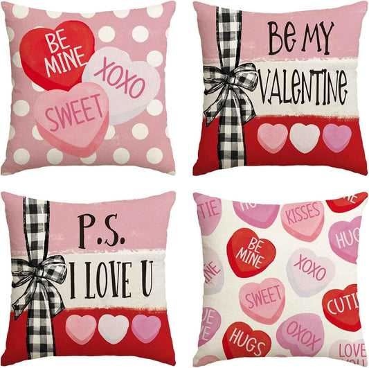 AVOIN colorlife Be My Valentine Red Candy Heart Throw Pillow Covers, 18 x 18 Inch Valentine Stripes Wedding Cushion Case Decoration for Sofa Couch Set of 4