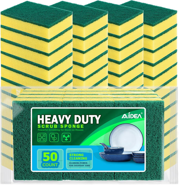 AIDEA Sponges Kitchen, 50 Pack Heavy Duty Dish Sponge, Cleaning Dish Scrubber for Home and Kitchen, Stink-Free Cleaning Supplies for Pots, Pans