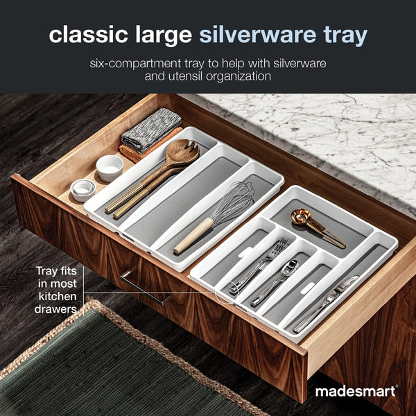 madesmart Classic Large Silverware Tray - White - 6-Compartments Kitchen Organizer