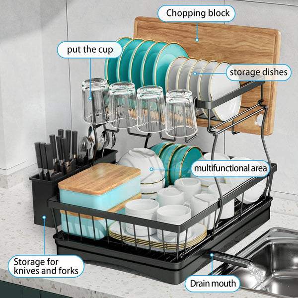 Large capacity 2-tier dish drying rack for kitchen counter
