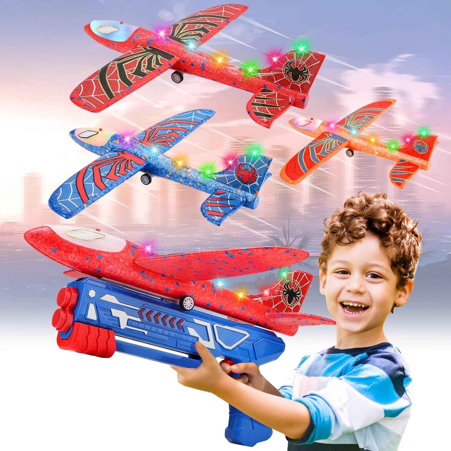 Fuwidvia 3 Pack Airplane Launcher Toys, 13.2'' LED Foam Glider Plane Toy for Boys, 2 Flight Modes Outdoor Flying Toys Birthday Gifts for Boys Girls 4 5 6 7 8 9 10 11 12 Year Old (Blue&Green&Orange)