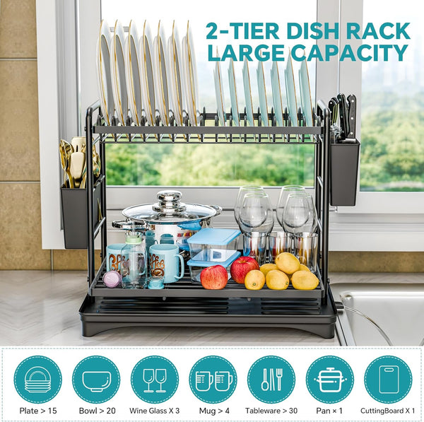 2-Tier Stainless Steel Dish Rack with Utensil Holder and Drainboard