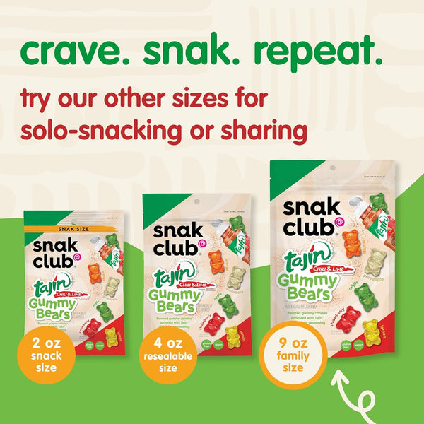 Snak Club Tajin Gummy Bears Assorted Fruit Candy Gummies 9 oz Resealable Bag