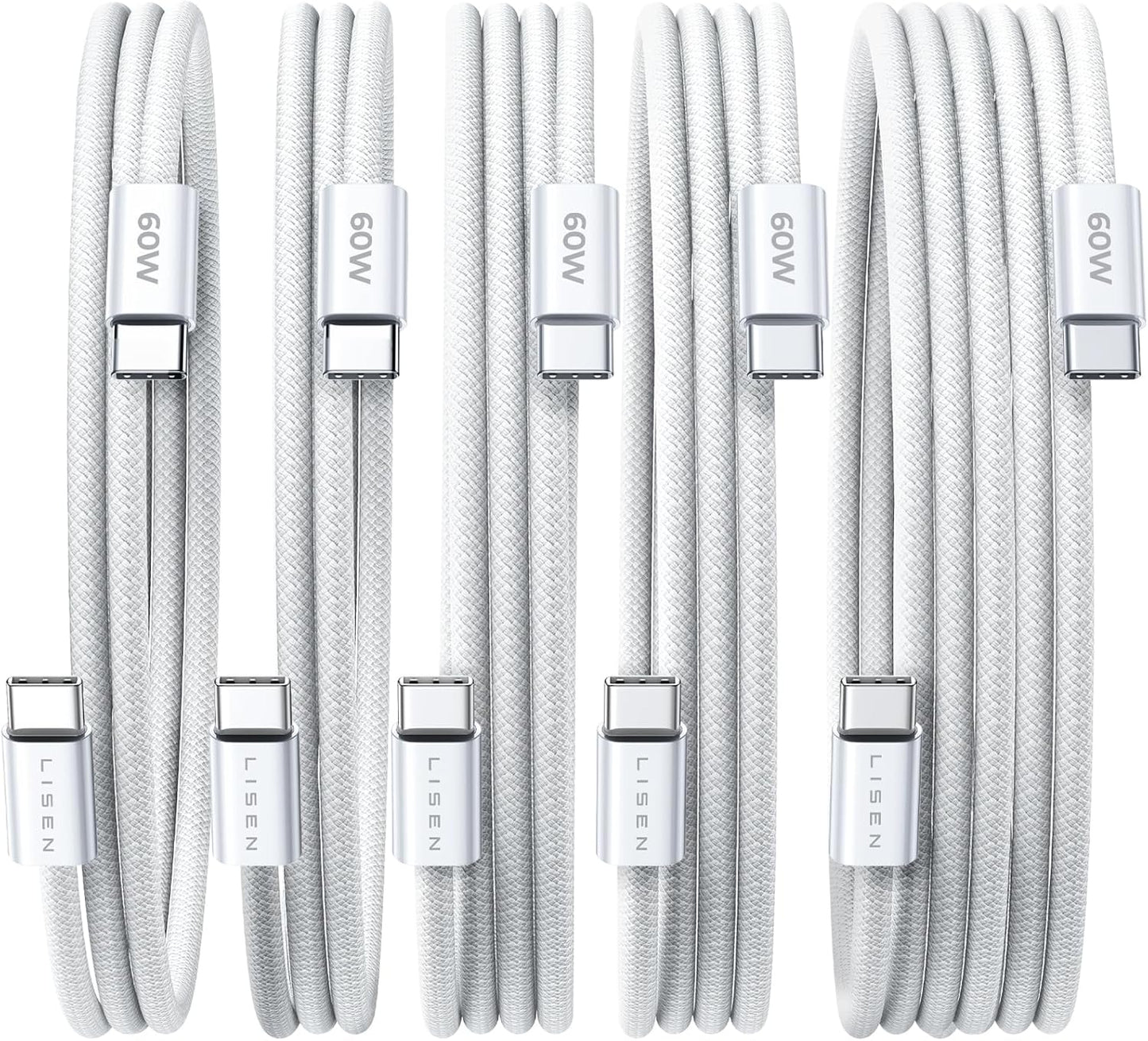 LISEN USB C to USB C Cable, 5-Pack [3.3/3.3/6.6/6.6/10FT] for iPhone 17 Charger Cord, 60W C to C Cable Fast Charging for iPad, iPhone 16 15 Pro Max, Galaxy S25/S24 USBC to USBC Cable Gifts for Men