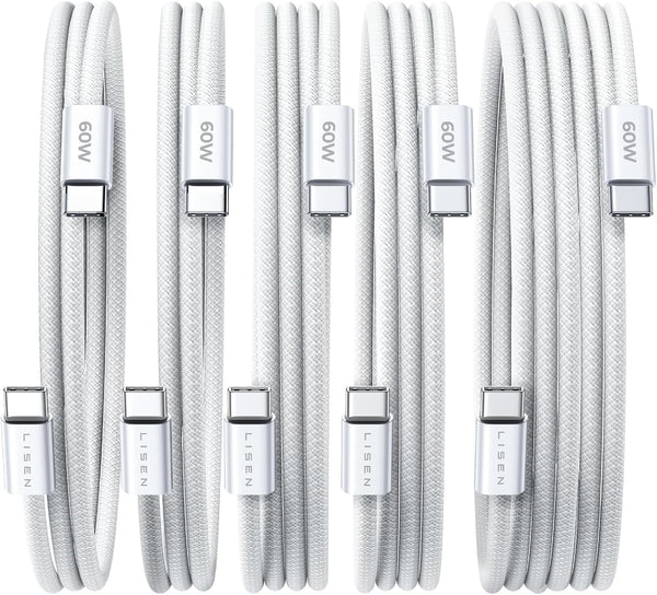 Lisen 5-pack usb c to c cable, 60w fast charging, 10ft for iphone 17, ipad, galaxy s25/s24