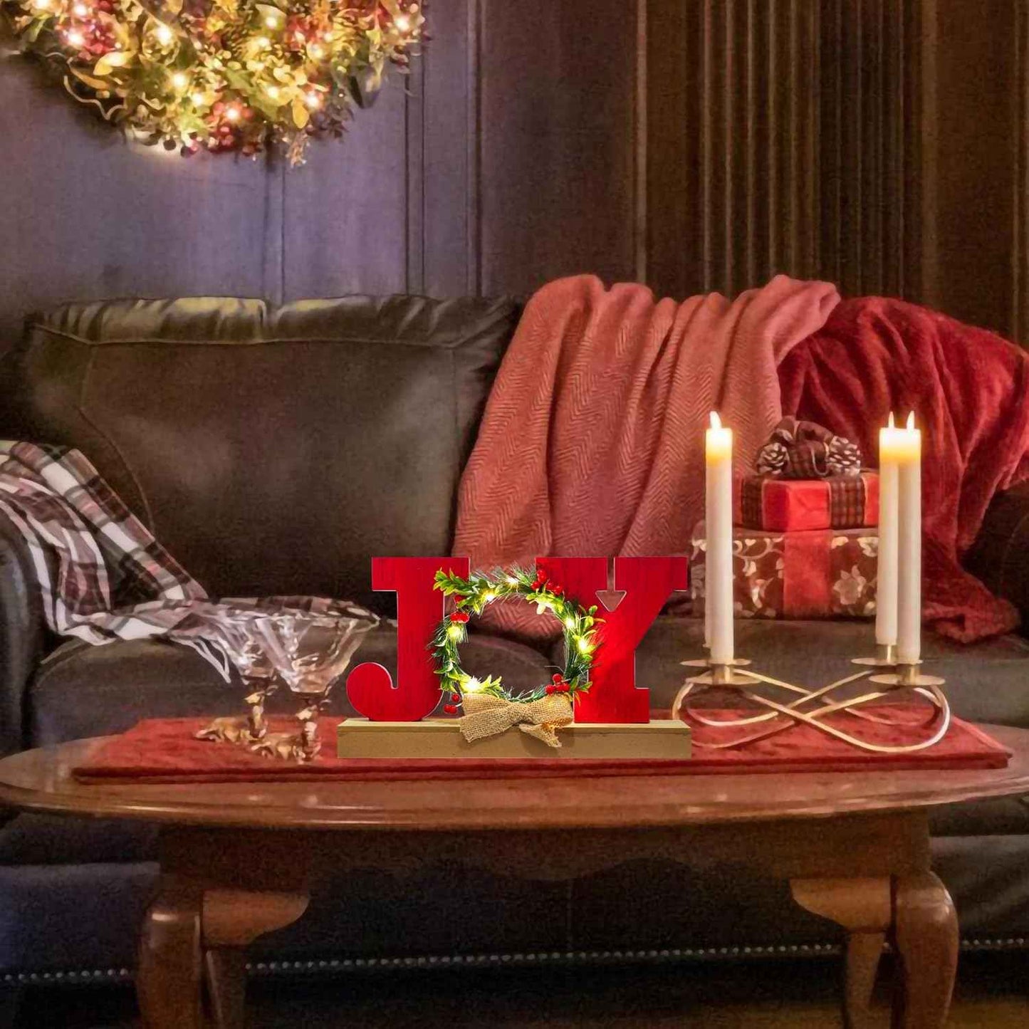 Christmas Decorations for Home LED Lighted JOY Decor Farmhouse Wooden Wreath Tabletop Merry Christmas Signs Rustic Holiday Block cIndoor Decorative Sign