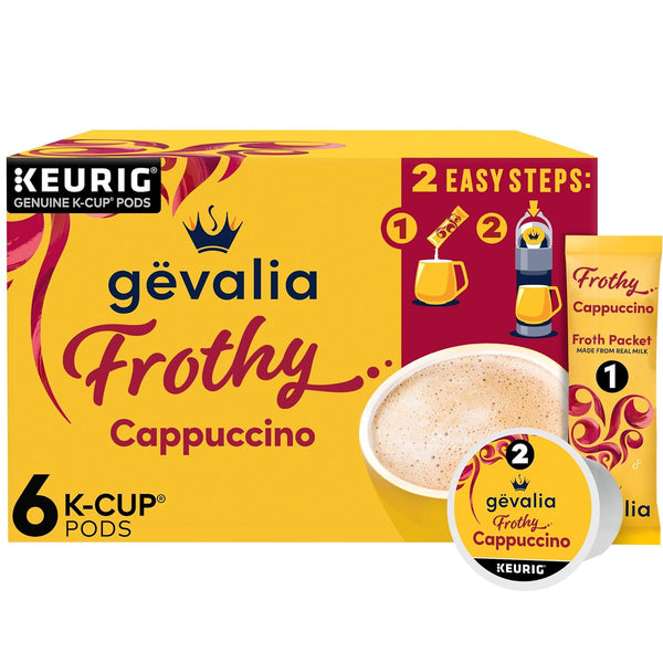 Gevalia Frothy Artificially Flavored Cappuccino Espresso Style K-Cup Pods & Froth Packets Kit, 6ct, Compatible with Keurig Brewers