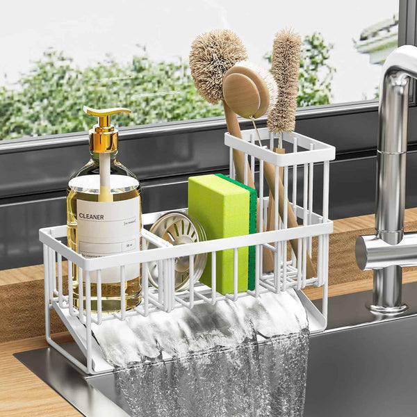Cisily Sink Caddy Sponge Holder for Kitchen with Brush Holder and Stainless Steel Self Drain Tray, Rustproof Kitchen Sink Organizer for Sponge, Soap Dispenser Storage Accessories