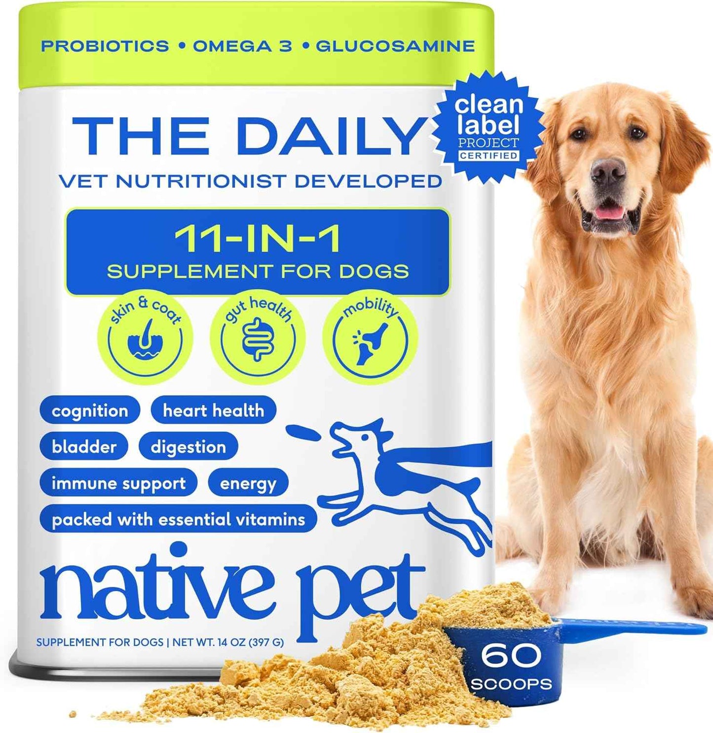 Native Pet Dog Vitamins & Supplements - 11-in-1 Multivitamin Powder for Dogs Food Topper - Collagen, Glucosamine, Probiotics, Omega & More- Supports Healthy Gut, Mobility & Overall Health -30 Scoops