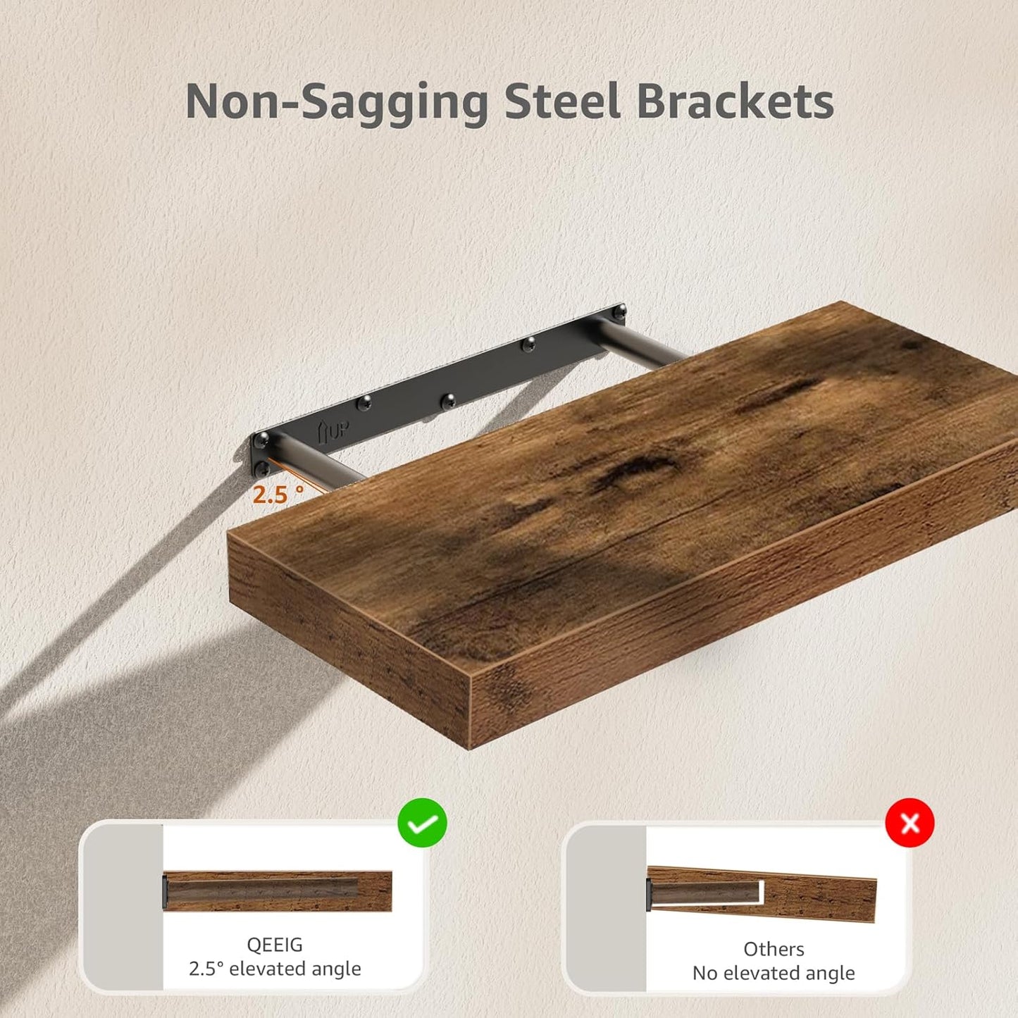 QEEIG Floating Shelves for Wall Bathroom Shelf Bedroom Kitchen Living Room Hanging Book Shelves Small Farmhouse Decor 16 inch Set of 3, Rustic Brown (015-BN3) - Rayz Mart