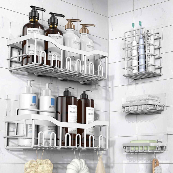 EUDELE Adhesive Shower Caddy, 5 Pack Rustproof Stainless Steel Bath Organizers With Large Capacity, No Drilling Shelves for Bathroom Storage & Home Decor