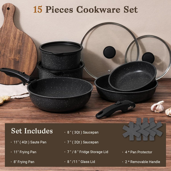 15-Piece Non-Stick Cookware Set with Detachable Handles and Oven Safety