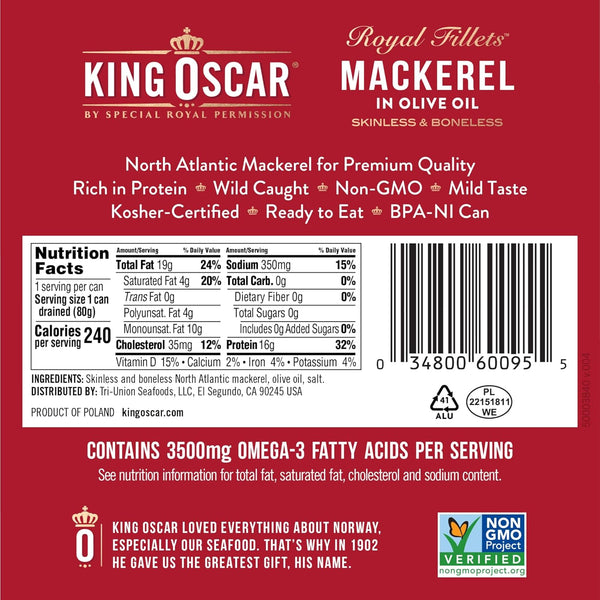 King Oscar skinless boneless wild caught mackerel in olive oil, 4.05 ounce can, pack of 6