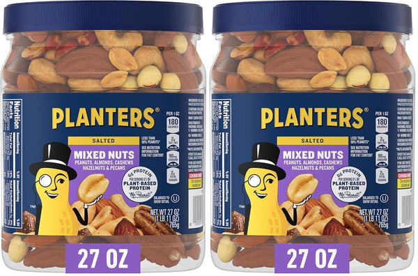 PLANTERS Deluxe Mixed Nuts with Sea Salt, 27 oz Resealable Container - Variety Mixed Nuts Snacks with Cashews, Almonds, Pecans, Pistachios & Hazelnuts - Energy Boost - Kosher