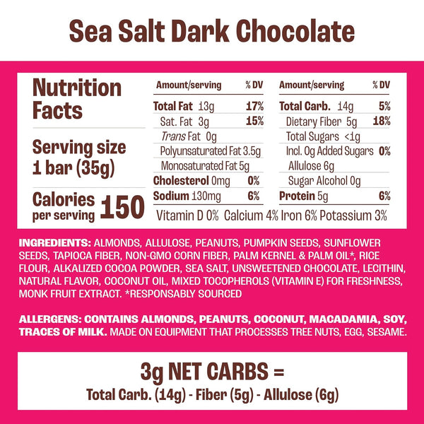 Munk Pack Fiber Nut Bars, Sea Salt Dark Chocolate, Gluten Free, 5g Fiber, 3g Net Carb, 24 Count
