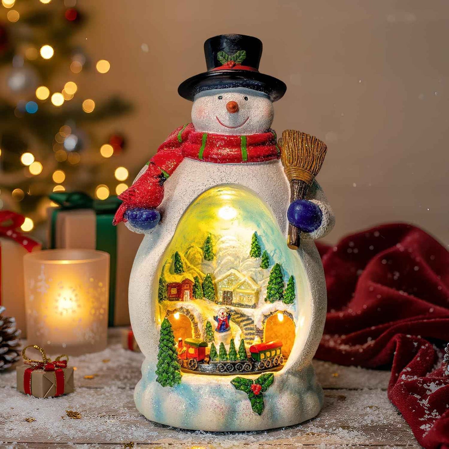 Animated Collection Figurines Musical Christmas Tree Spinning Train Deer Snowman with Rotating Train, Lighted Christmas Collection Figurines for Home Tabletop Decorations Ornaments Gifts