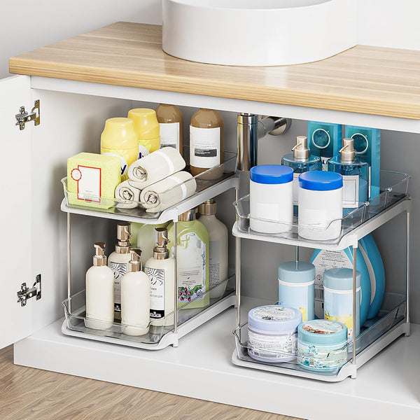 Delamu 2-Tier Bathroom Under Sink Organizer, Stackable Kitchen Pantry Storage, White, 2 Pack