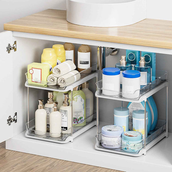 Delamu 2-Tier Bathroom Under Sink Organizer, Stackable Kitchen Pantry Organization, White, 2 Pack