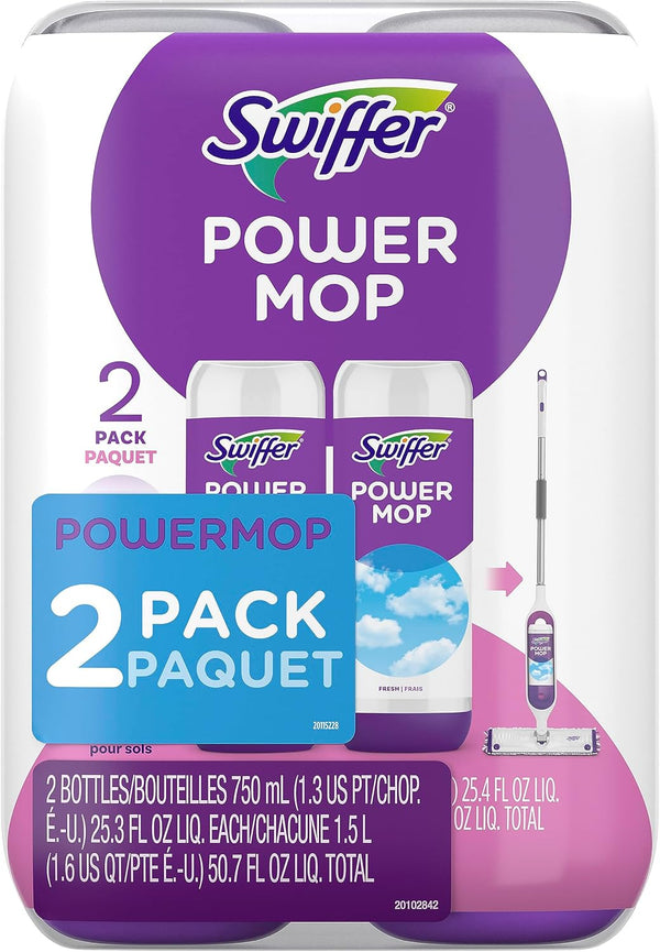 Swiffer PowerMop Liquid Floor Cleaner Refills, Solution for Power Mop, Fresh Scent, 2 Count Mopping Fluid Replacement Bottle, Spray Mops Cleaning Juice, No Bucket Needed, Multi-Surface and Wood
