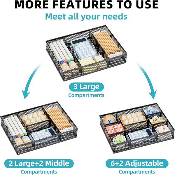 2 Pack Desk Drawer Organizer with Adjustable Compartments and 5 Dividers