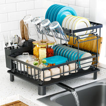 Compact 2 Tier Dish Drying Rack for Kitchen Counter